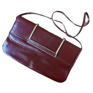 Vintage Oxblood Leather Flap Handbag Clutch 11x6.5 Gold Hardware 15in Drop